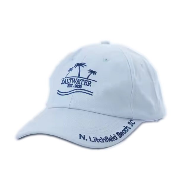 Light blue custom embroidered dad hat with palm tree logo and text on brim.