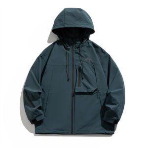 Custom rain jacket in navy blue with waterproof and windproof fabric and embroidered logo.
