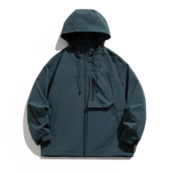 Custom rain jacket in navy blue with waterproof and windproof fabric and embroidered logo.