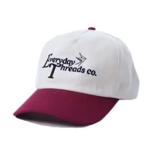 Two-tone dad hats guys with black embroidered logo and maroon brim.