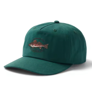 Dark green hat with curved brim and embroidered fish logo on the front.