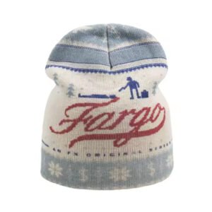 Long essential beanie in light blue and white with “Fargo” jacquard design and winter-themed graphics.