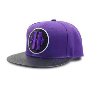 Purple flat bill snapback hat with 3D embroidered logo and black brim