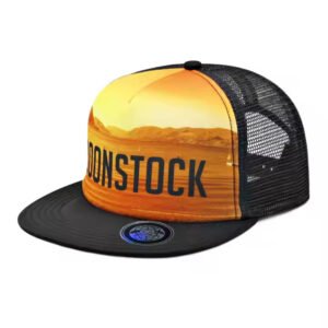 Black flat brim trucker hat with full-color front graphic and mesh back