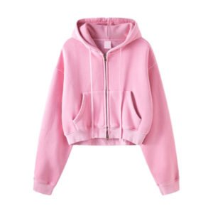 Cropped pink fleece hoodie for women with zip-up front and vintage washed look.