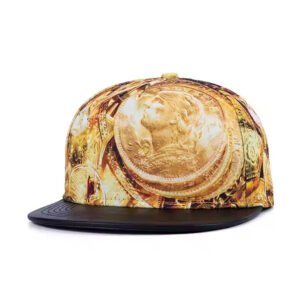 Gold 5 panel snapback hat with graphic print and black flat brim