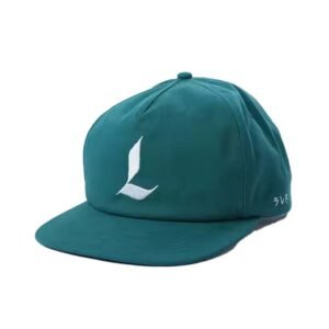 Green dad hat with flat brim and bold white embroidered "L" logo.
