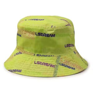 Reversible green bucket hat with short brim, digital print, and wholesale availability.