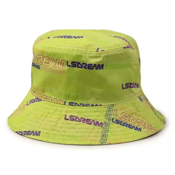 Reversible green bucket hat with short brim, digital print, and wholesale availability.
