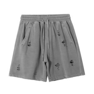 Distressed grey sweat shorts in washed cotton terry for men and women