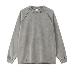 Heather grey hoodie for men with distressed detailing and washed cotton finish.