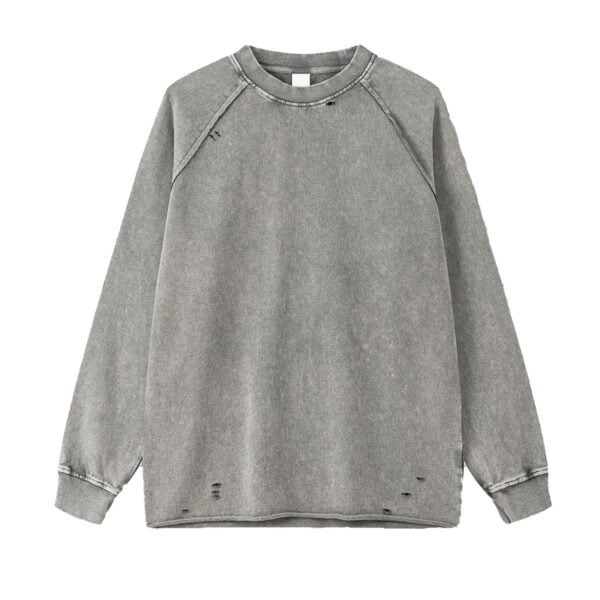 Heather grey hoodie for men with distressed detailing and washed cotton finish.