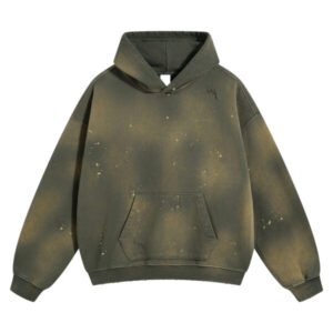 Independent hoodie in vintage grey green with paint splatter and distressed details.