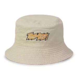 Khaki bucket hat with short brim and bold embroidered logo, made of breathable cotton twill for outdoor wear.