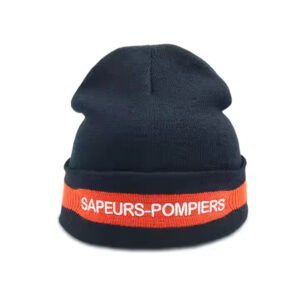 Black acrylic knit beanie hat with orange jacquard and embroidered Sapeurs-Pompiers logo