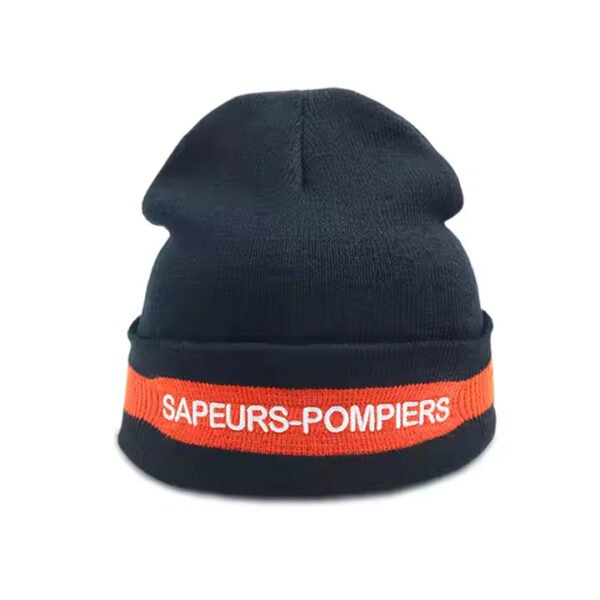 Black acrylic knit beanie hat with orange jacquard and embroidered Sapeurs-Pompiers logo