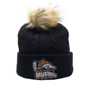 Black knit skull cap hat with pom-pom and Mustangs hockey embroidered logo.