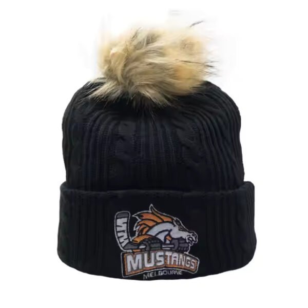 Black knit skull cap hat with pom-pom and Mustangs hockey embroidered logo.