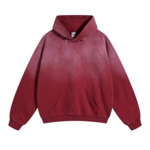 Next level hoodie in vintage washed red with distressed details and hooded design.