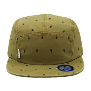 An olive green hat with a flat brim, 5-panel design, digitally printed on polyester. Ideal for outdoor camping and sports.