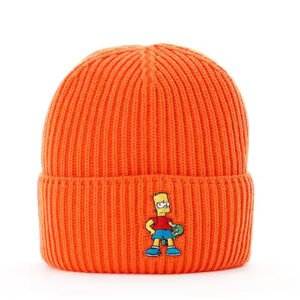 Orange acrylic Artex beanie with cartoon embroidery patch on the front cuff.