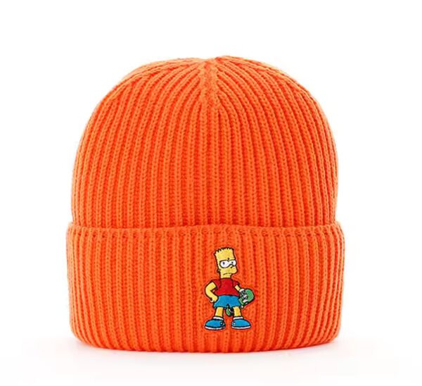 Orange acrylic Artex beanie with cartoon embroidery patch on the front cuff.