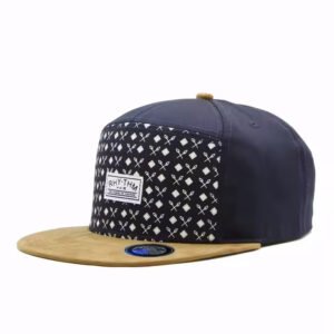 Black performance 7 Panel Hat snapback hat with custom front patch and laser sticker