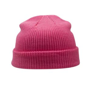 Pink acrylic knit watchcap beanie for adults, short cuffed style.