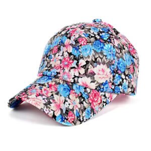 Pink baseball cap with colorful floral sublimation print and curved brim