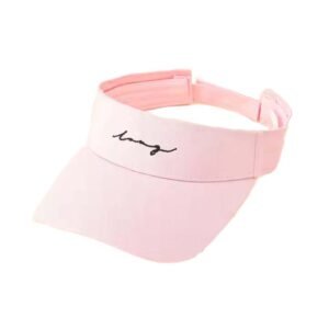 Pink visor with black embroidered logo, made from breathable cotton twill for sports use