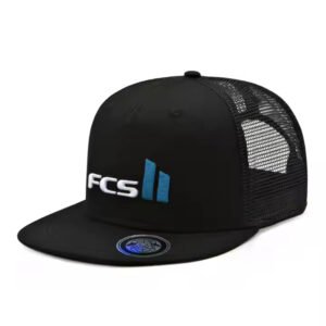 Plain black trucker hat with 3D embroidered logo and mesh back