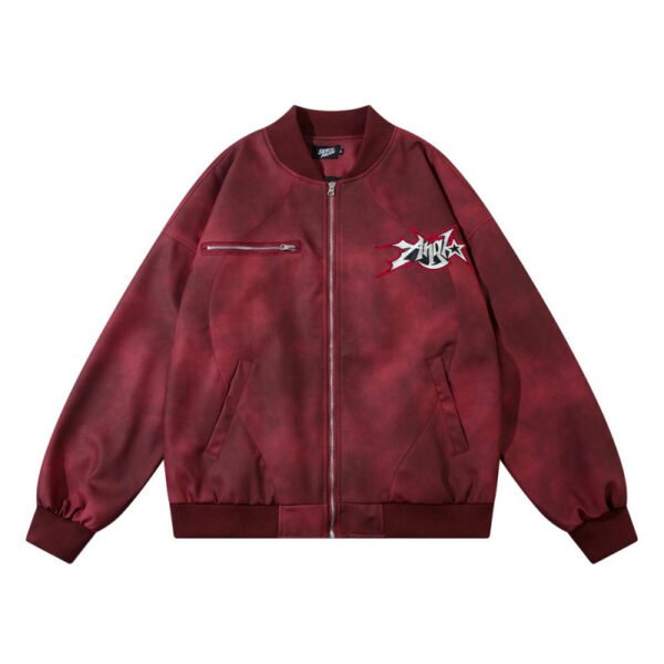 Plus size leather jacket in vintage burgundy with distressed PU finish and embroidered logo.