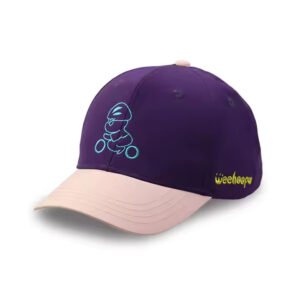 Purple baseball hat with light pink brim and custom blue and yellow embroidery