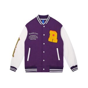 Purple and white varsity-style blanket jacket with embroidered and chenille logos