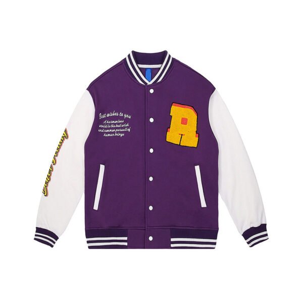 Purple and white varsity-style blanket jacket with embroidered and chenille logos