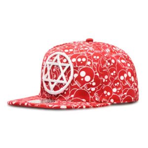 Red snapback hat with skull pattern and white 3D pentagram logo on flat brim