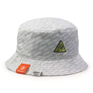 Reflective light grey fisherman caps with embroidered triangle logo and dual side design.