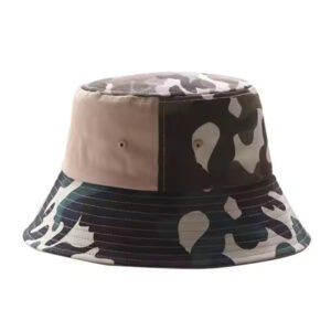 Reversible cotton camouflage bucket hat with patchwork design in neutral tones for outdoor wear.