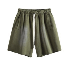 Unisex dark green ruffle shorts in washed cotton with drawstring waist