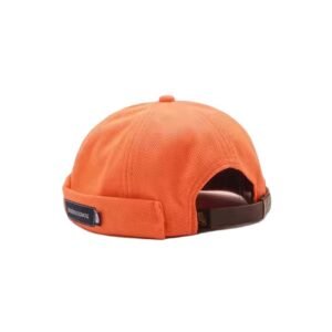 Orange snapback dad hat without brim, featuring a custom woven label.