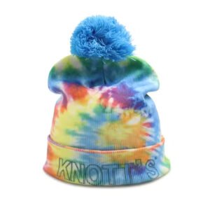 Colorful tie-dye winter beanie with pom-pom and digital printed logo.
