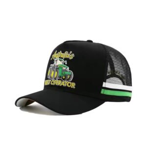 Black and green trucker cap for big head sizes with embroidered tractor logo and breathable mesh back.