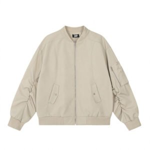 Beige unisex cotton bomber jacket with YKK zipper and side pockets