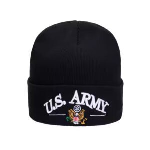 Black watch cap beanie with U.S. Army embroidered logo and military emblem.