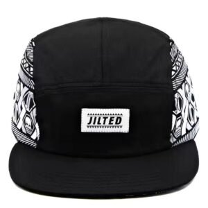 Black & white va hats – 5-panel flat-brim cap, 100% cotton, woven label logo, digital side prints. Perfect for outdoor camping & sports.