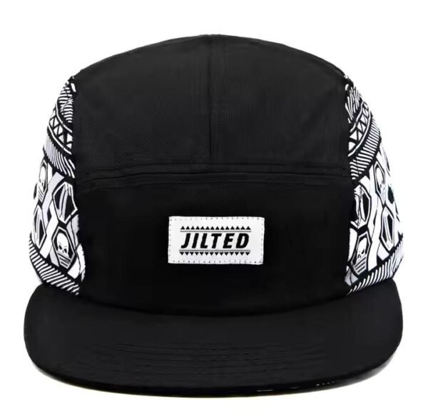 Black & white va hats – 5-panel flat-brim cap, 100% cotton, woven label logo, digital side prints. Perfect for outdoor camping & sports.