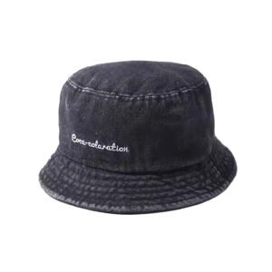 Washed black cotton bucket hat with white embroidered logo – stylish and breathable.