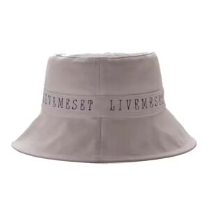 White cotton bucket hat with center band and embroidered logo, available in bulk.