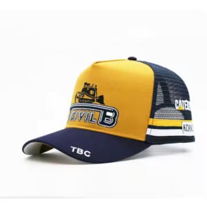 XXL yellow and black trucker hat with mesh back and construction-themed embroidered logo.