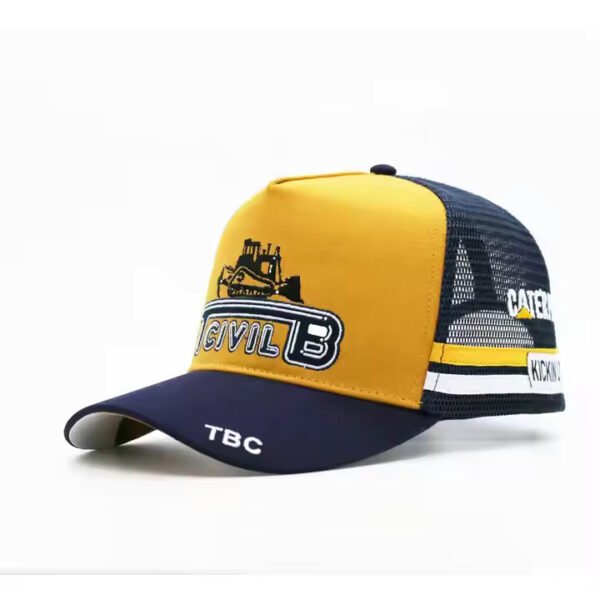 XXL yellow and black trucker hat with mesh back and construction-themed embroidered logo.